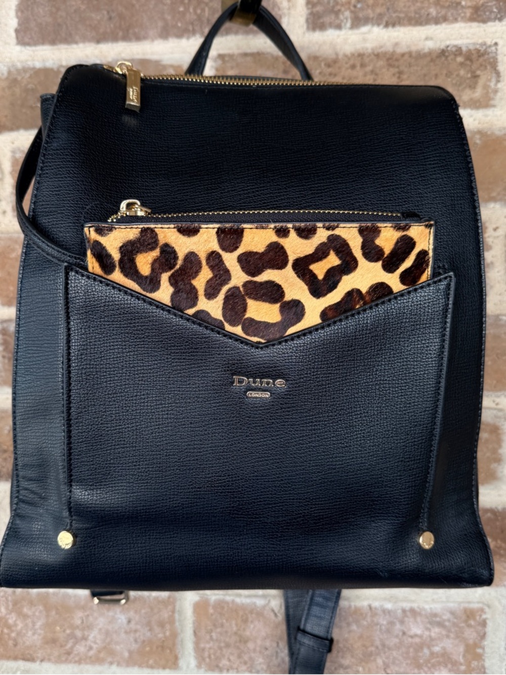 Dune Black Leather Backpack with Leopard Accent Pouch